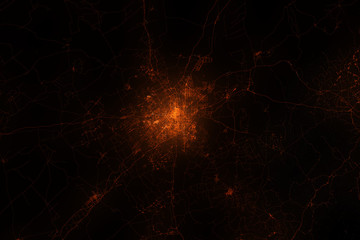 Changshun aerial view. Night city with street lights, view from space. Urbanization concept, render