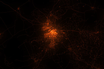 Harbin aerial view. Night city with street lights, view from space. Urbanization concept, render