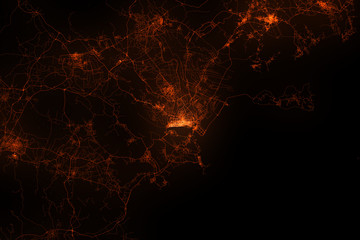 Shantou aerial view. Night city with street lights, view from space. Urbanization concept, render