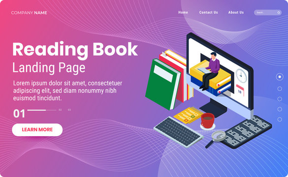 Landing page, Male reading and sit on books block in the computer. E-learning concept with isometric illustration Template. Computer with smartphone, books, keyboard, cup, loop, notebook. Vector