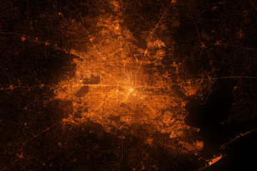 Fototapeta na wymiar Houston satellite view. Night city with street lights, view from space. Urbanization concept, render