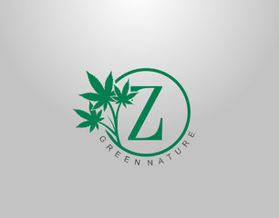 Z Letter Logo Circle Nature Canabis Leaf, vector logo design concept medical marijuana leaf with initial letter logo icon for nature business.