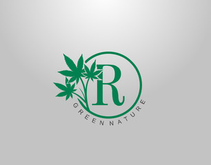 R Letter Logo Circle Nature Canabis Leaf, vector logo design concept medical marijuana leaf with initial letter logo icon for nature business.