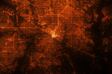 Dallas top view. Night city with street lights, view from space. Urbanization concept, render