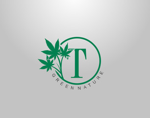 T Letter Logo Circle Nature Canabis Leaf, vector logo design concept medical marijuana leaf with initial letter logo icon for nature business.