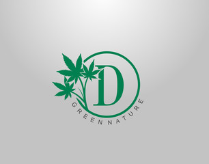 Fototapeta premium D Letter Logo Circle Nature Canabis Leaf, vector logo design concept medical marijuana leaf with initial letter logo icon for nature business.