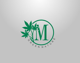 M Letter Logo Circle Nature Canabis Leaf, vector logo design concept medical marijuana leaf with initial letter logo icon for nature business.