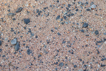 Textural background. A lot of wet Small stones and sand on the beach. Naturally rounded gravel at sea shore, nature beach background texture. and pebbles.