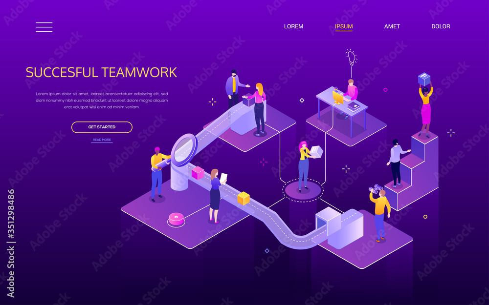 Poster successful teamwork - colorful isometric vector web banner