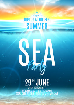 Summer sea party poster template. Vector illustration with deep underwater ocean scene with seashells on sandy bottom. Realistic  sea landscape with sunset or sunrise. Invitation to nightclub.