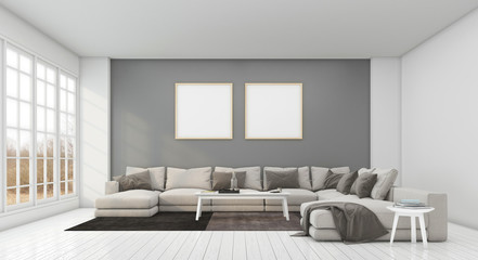 Minimal living room with modern L-shape sofa ,  light gray wall. 3D rendering