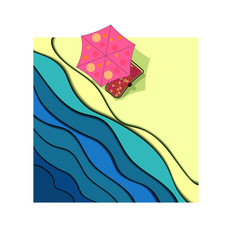 sunbed and umbrella on the beach near the sea, paper style illustration vector. Summer and holiday theme.