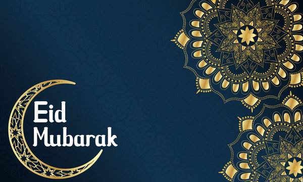 Eid Mubarak premium and luxury background with mandala art. Golden floral illustration with pattern background. Moon illustration with caligraphy design in blue gradient modern style.