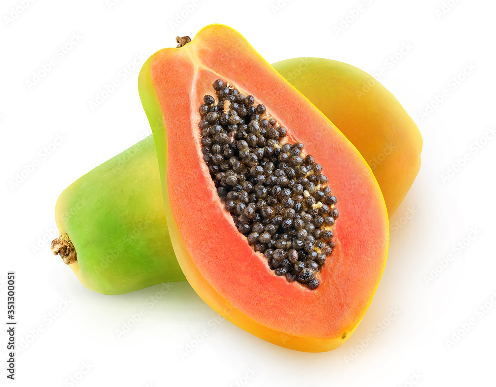 Aufkleber one whole multicolored papaya fruit and a half with seeds isolated over white background