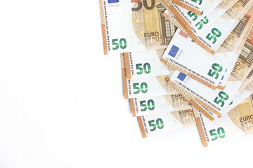 Stack of 50 euro banknotes isolated on a white background. Financial crisis. Purchasing power of money