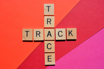 Track, Trace, in wood alphabet letters isolated on red background