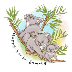 Happy koala family. Clip art, template design, good for the printing on cover of a notebook, tablet, phone. Colored vector illustration.. © Elen  Lane