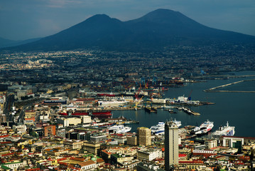 Naklejka premium View of the city of Naples on the background of the volcano Vesuvius. Italy. 