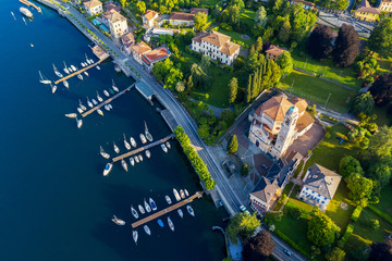 Lake Como, Italy, Town of Tremezzo, Panoramic aerial view
