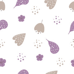 Scandinavian style seamless pattern with stylized leaf and flowers. Concept vector illustration.Hand drown.