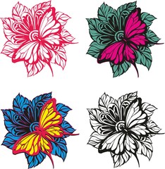 Vector image of a butterfly on a flower in four color options.