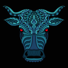Stylized cow in ethnic vector dark background