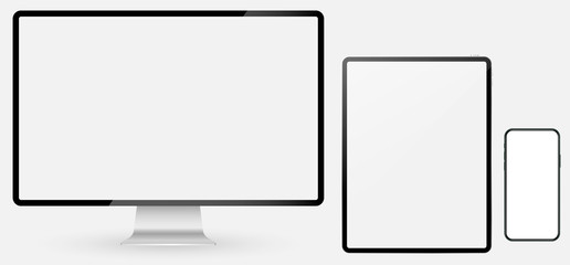 Devices screen mockup set: monitor, tablet and phone. vector template
