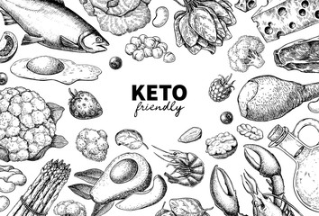 Keto diet vector drawing. Ketogenic hand drawn template. Vintage engraved sketch - 351304803