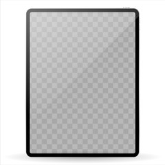 Modern black tablet computer mockup with transparent screen isolated on white background. Vector illustration