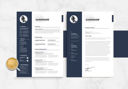 Resume and Coverletter Layout with Dark Blue Sidebar