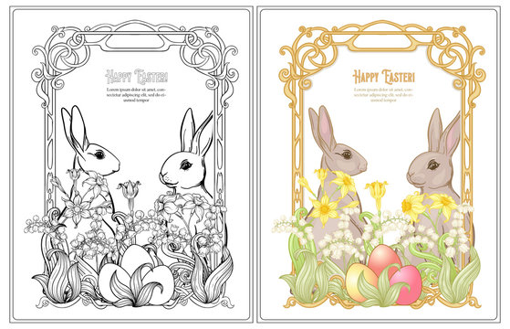Happy easter Coloring page for the adult coloring book with spring flowers, eggs and rabbit. Vector illustration In art nouveau style. Outline hand drawing vector illustration with colored sample.
