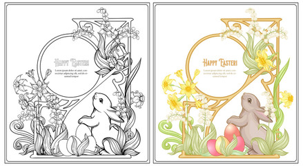 Happy easter Coloring page for the adult coloring book with spring flowers, eggs and rabbit. Vector illustration In art nouveau style. Outline hand drawing vector illustration with colored sample.