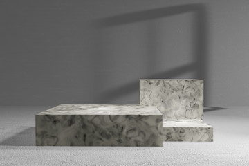Empty black and white marble podium on white background and window shadow. 3D rendering.