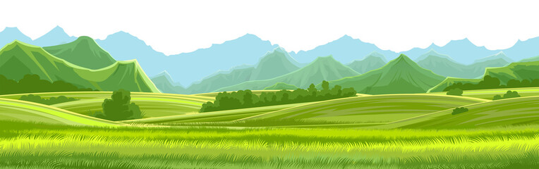 Fototapeta Meadows, hills and mountains. Vector background. Alpine green pastures, grass. Horizontal landscape. Summer, spring day. Scenery. obraz