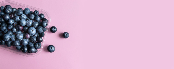Ripe blueberry berries on a pink background with copyspace, top view, flat lay.