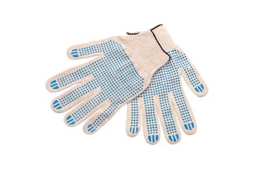 Knitted gloves for construction work, white on a white background.