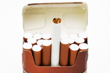 Close-up of a cigarette with a brown filter in a pack of cigarettes on a white background, one cigarette inserted with the back side. Tobacco industry.