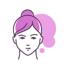 Human feeling thinking line color icon. Face of a young girl depicting emotion sketch element. Cute character on violet background. Outline vector illustration.