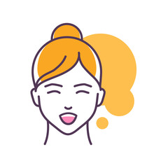 Human feeling triumph line color icon. Face of a young girl depicting emotion sketch element. Cute character on yellow background. Outline vector illustration.