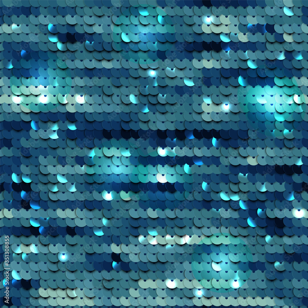 Wall mural sequined blue texture. fabric with palliettes. seamless vector realistic background of shiny materia
