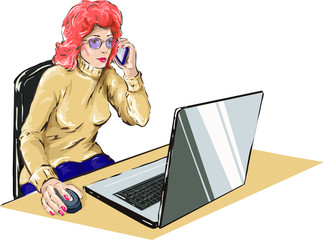 Girl with a phone works near a laptop. Freehand drawing in watercolor style. Vector image.
