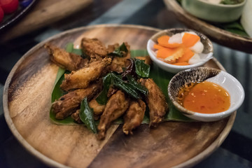 Fried chicken served on plate