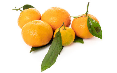 Ripe mandarines with leaves close-up on a white background