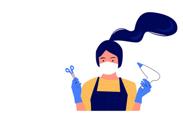 Fototapeta premium Masked hairdresser in gloves is ready to meet visitors. Opening after quarantine. Sanitary compliance. Cartoon flat style. Vector illustration. Banner for a beauty salon