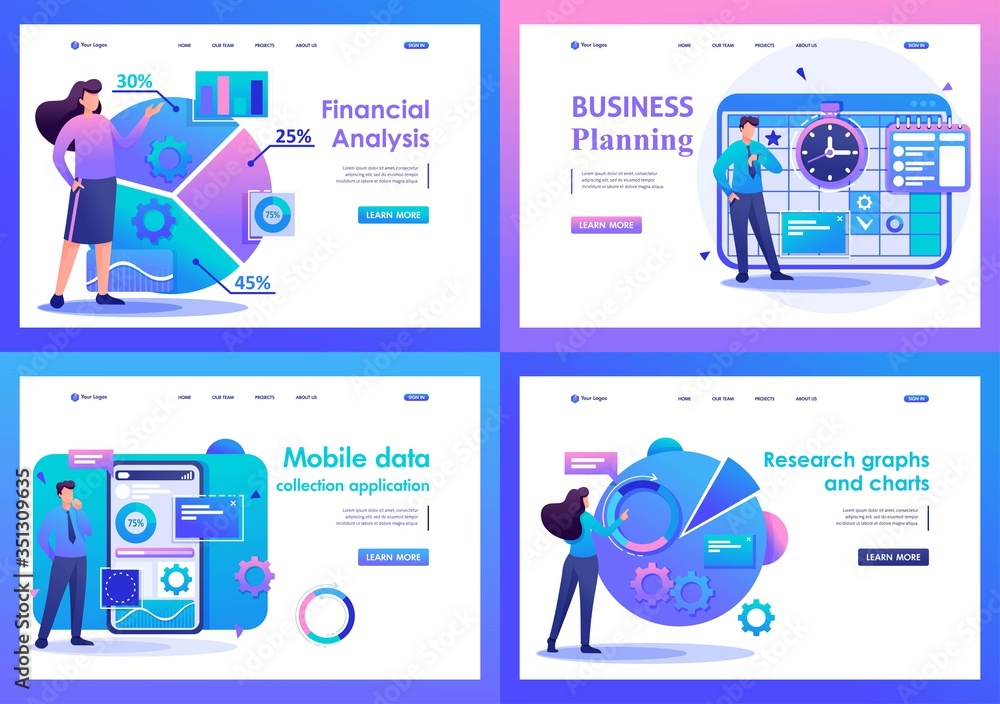 Poster set flat 2d concepts financial analysis, data collection application, business planning. for landing