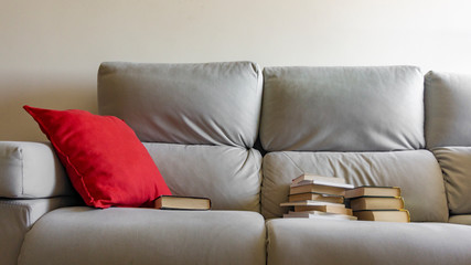 work from home or home school with a book on the sofa, next to a red cushion and a pile of books