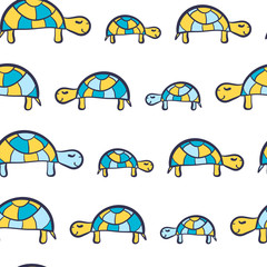 Simple seamless pattern with turtles walking one after the other. Outlines of funny African animals in the savanna.