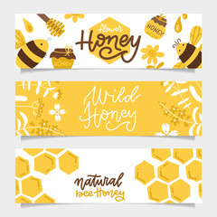 Set of Honey banners. Trendy hand drawn bee and honeyed flower, honeycomb. Flat vector Illustration of healthy food, natural sweet hone web poster