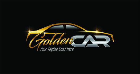Golden Car Logo Sign in gold and silver color with black background