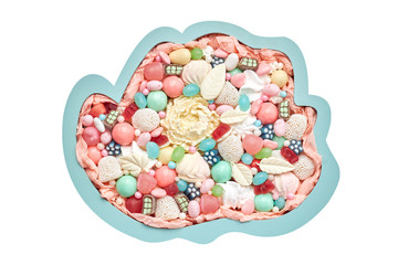 Large box in the shape of a rosebud filled with different delicious sweets isolated on a white...